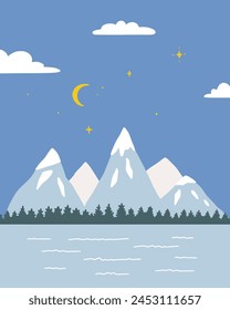 Vector poster with mountains and lake. Cute nature clipart: mountains in the night