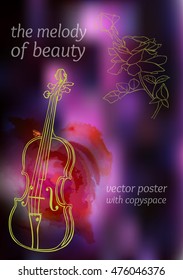 A vector poster for a music event, with a dark purple and black blurred background, a drawing of a violin, a background watercolor texture, and drawings of a butterfly and a rose, with copyspace