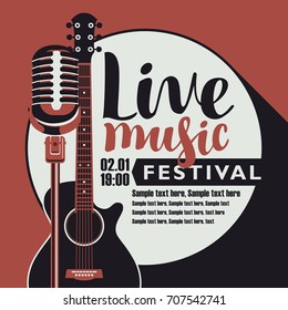 Vector poster for music festival with an acoustic guitar, a microphone, the inscription live music and place for text in retro style