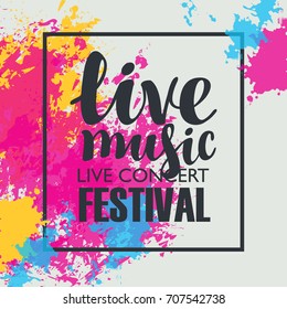 Vector poster for music festival with colored abstract spots and the inscription live music on white background