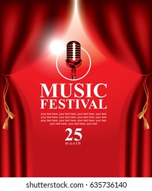 vector poster for a music festival with a red velvet curtain and microphone