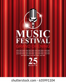 vector poster for a music festival with a red velvet curtain, microphone and the words Grand opening