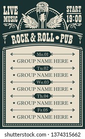 Vector poster for music rock and roll pub with live music with beer glass, guitar and wings. A daily schedule of performances of music groups in retro style