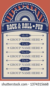 Vector poster for music rock and roll pub with acoustic speaker. A daily schedule of performances of music groups in retro style