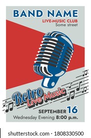 Vector poster for a musical event in a classical style. "Retro Live Music" is an easily editable vector poster template. 