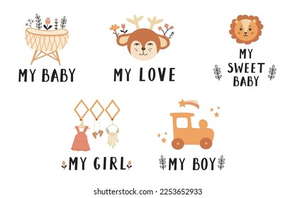 vector poster of my child, my love, my boy and girl, with a calligraphic composition, and floral elements. white background for baby shower. Arrival of the child. Cartoon vector illustration