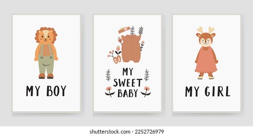vector poster of my child, my sweet baby, my boy and girl, with a calligraphic composition, and floral elements. white background for baby shower. Arrival of the child. Cartoon vector illustration