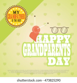 Vector poster for National Grandparents Day with badge, ribbon, spectacles on gradient background with hearts.