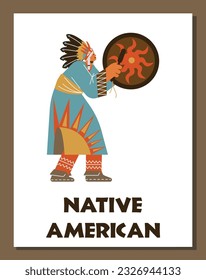 Vector poster with Native American tribal shaman beats the drum and dancing in traditional ethnic costume with feathers. Illustration in doodle cartoon style in brown frame on white background.