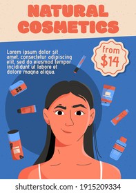 Vector poster of Natural Cosmetics concept. Young girl takes care of her face skin with of organic green creams and lotions. Beauty routine, cosmetology. Character illustration of advertising banner