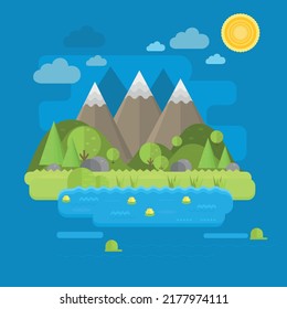  Afiche vectorial con un paisaje natural. Vistas a las montañas. Diseño plano.