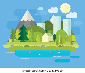 Vector poster with a natural landscape. A view of the mountains with a house and a wind generator. Flat design.