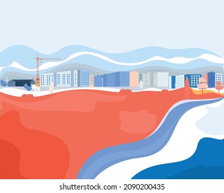 Vector poster with nature and city views. Modern city with a construction crane.
