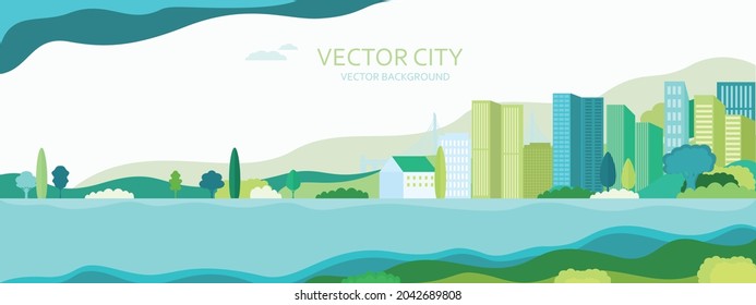 Vector poster with nature and city views.Suburban houses with skyscrapers and trees. Vector city.	