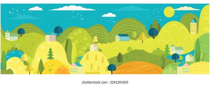 Vector poster with nature view with houses. Natural landscape.