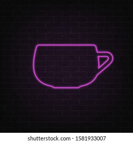 Vector poster of neon light coffee cup on grunge brick wall background. Bright silhouette of cup in retro style. Glowing pink sign for your own projects. EPS 10 file.