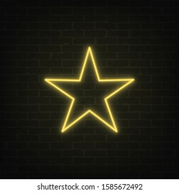 Vector poster of neon light star on grunge brick wall background. Shining yellow sign in retro style. Glowing star banner for cards, templates and your own projects. EPS 10 file.