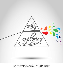 Vector poster "Never stop exploring" with triangle and rainbow drops isolated on abstract background