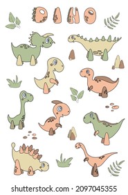 Vector children’s poster with nine dinosaurs, leaves, stones, lettering “Dino” in gentle light green and brown colors. Decor for kid’s room, print for clothes. Cute cartoon characters.