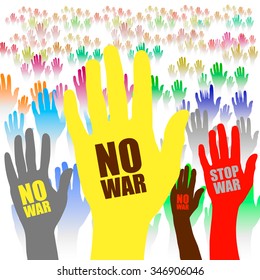 Vector Poster No war and Stop war with different colored hands vector illustration