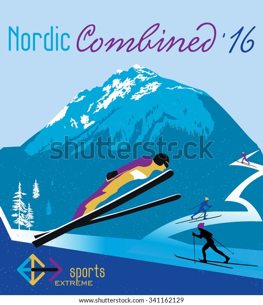 Vector poster Nordic combined\
in the mountains. Winter sports: ski jumping, ski racing\
sport.
