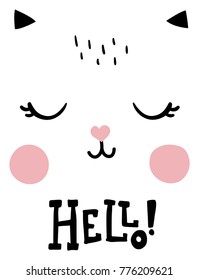 Vector Poster, Nursety Illustration, Cute Cat Face, Hand Lettering Hello Text