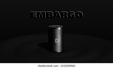 Vector poster oil embargo. 3d black metal barrel with highlights on a wavy background