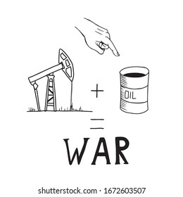 Vector poster with oil tower, oil tank and the word "war". Drawn by hand in doodle style with a black outline isolated on a white background. For use in business, design, presentation design