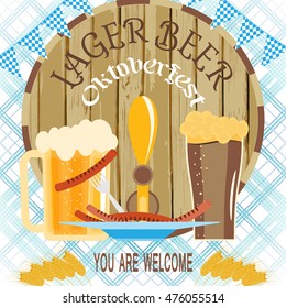 Vector poster for Oktoberfest with barrel, mug, goblet of beer, plate with sausages on the gradient blue background.