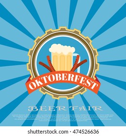 Vector poster of Oktoberfest fair with badge on the blue background with rays.