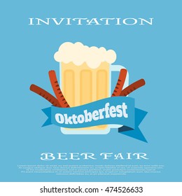 Vector poster of Oktoberfest fair with beer mug on the blue background.