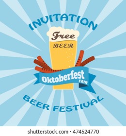 Vector poster of Oktoberfest fair with free goblet of beer on the blue background with rays.