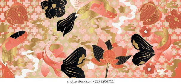 Vector poster on Asian themes. Koi Carpi with lotus flowers. Line Art Style.