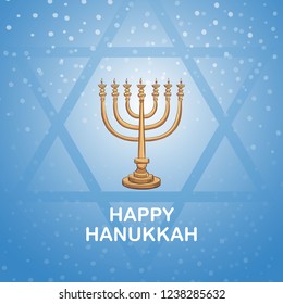 Vector poster on a blue background with an inscription happy hanukkah and menorah.