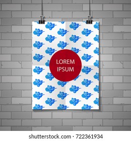 Vector poster on a brick wall background with stylized clouds in the form of stylized clouds