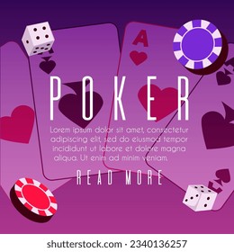 Vektor Poster auf einem Casino-Thema mit Pokersymbolen. Trump-Karten aller Streifen, Asche, Chips, Token und Würfel auf violettem Farbverlauf-Hintergrund. Geschäftsrisiko, Logik-Strategie-Spiel und Glücksspiel-Konzept