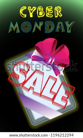 Vector poster on cyber monday. Tablet tied with a ribbon with a bow and the inscription sale. On a black gradient background
