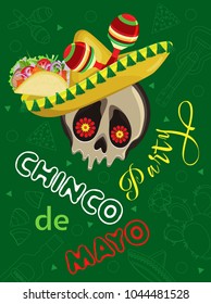 Vector poster on the holiday of Cinco de Mayo. Skull in sombrero with tacos and maracas on a green background with outline festive attributes.