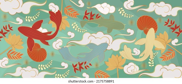 Vector poster on a Japanese theme with carp and waves. Asian background.