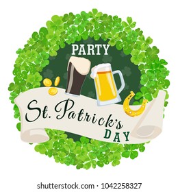 Vector poster on St. Patrick's Day party with wreath of clover leaves, shamrocks, dark and light beer, gold coins and horseshoe on green background. St. Patrick's Day beer party invitation poster.