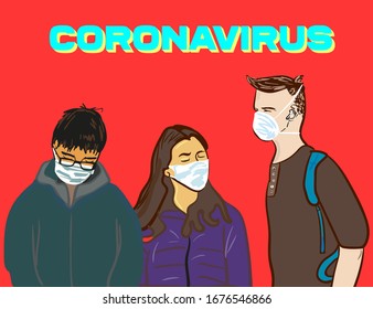 vector poster on the theme of coronavirus. hazard warning illustration. masked people on a red background with the words "coronavirus".