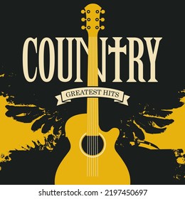 Vector poster on theme of country music with acoustic guitar on the old abstract background with wings in retro style. Suitable for flyer, banner, cover