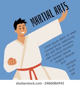 Vector poster on the theme of karate with a man in a kimono. The illustration shows a martial arts stance, ideal for sports flyers with space for text. Flat style.