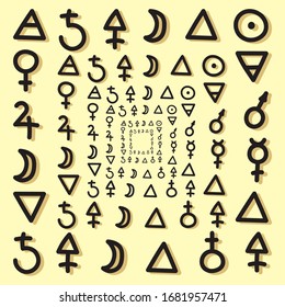 Vector poster on the theme of mysticism, magic and the occult. Hand drawn Esoteric, astrological and alchemical symbols on a dark green background. Doodle style.
