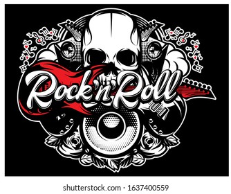 Vector poster on theme of rock and roll with inscription and various musical elements.
