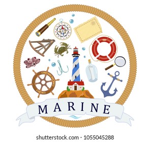 Vector poster on theme of sea voyages from design symbols of sea anchor, lighthouse, helm, compass, map, lifebuoy, telescope, crab framed by rope and ribbon on white background. Yacht club.