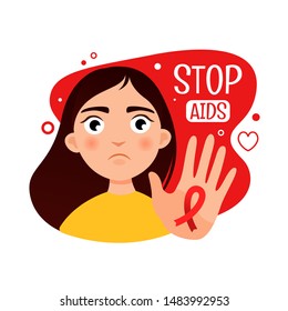 Vector poster on the theme of speed. Stop AIDS. Illustration of a cute girl.
