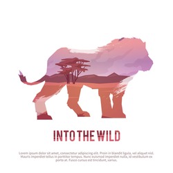 Vector Poster On Themes: Wild Animals Of Africa, Safari, Animals Of The Savannah, Survival In The Wild, Hunting, Camping, Trip. Lion.