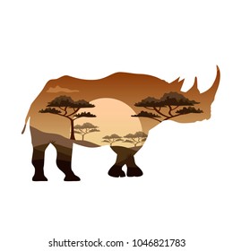 Vector poster on themes wild animals of Africa, safari, animals of the Savannah, survival in the wild, hunting, camping, trip. African rhinoceros.