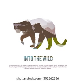 Vector poster on themes: wild animals of Canada, survival in the wild, hunting, camping, trip. Puma.